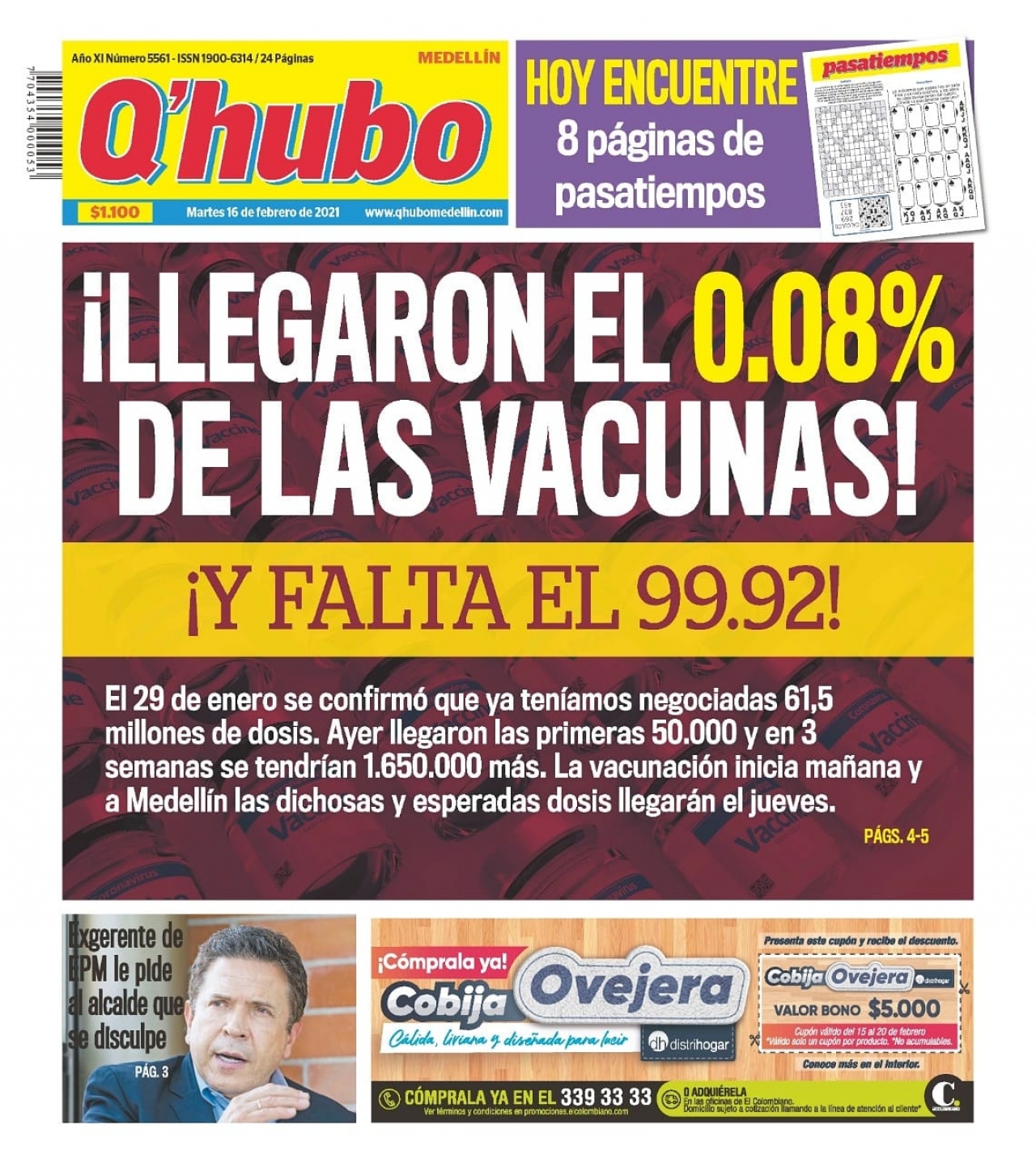 Portada del diario Q&#039;hubo|Programa de vacunación en Colombia.||||