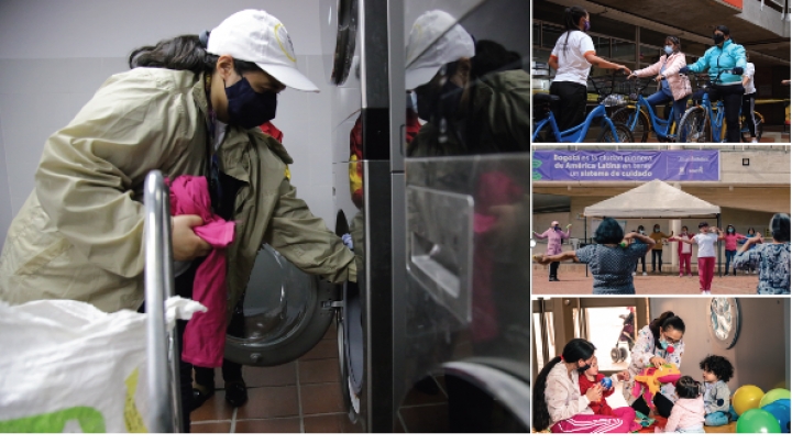 Mujeres cuidadoras aprovechan los servicios de lavandería, clases de aeróbicos y bicicleta, y servicio de cuidado a infantes brindados por Sistema Distrital de Cuidado.