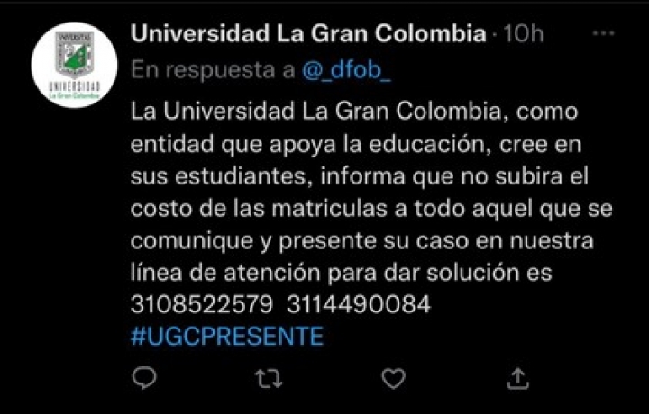 Tweet de la Universidad Gran Colombia en respuesta a quejas por incremento
