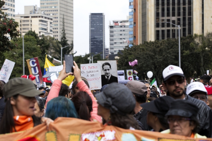 Imagen de la carrera Séptima de Bogotá durante el Paro Nacional 21N en 2019