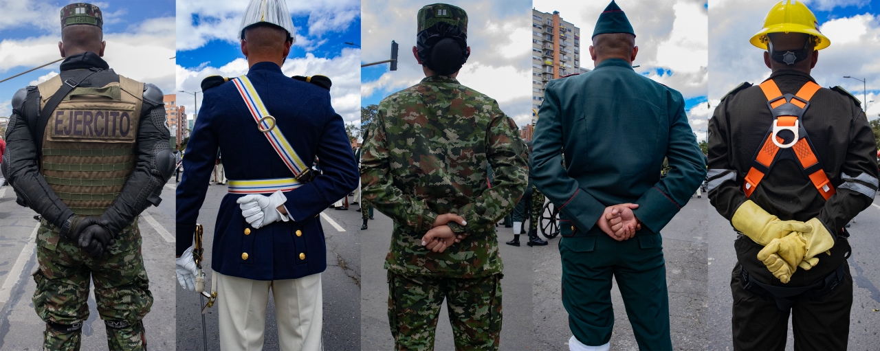 Collage de diferentes sectores de las fuerzas armadas en su desfile el 20 de julio de 2023|||