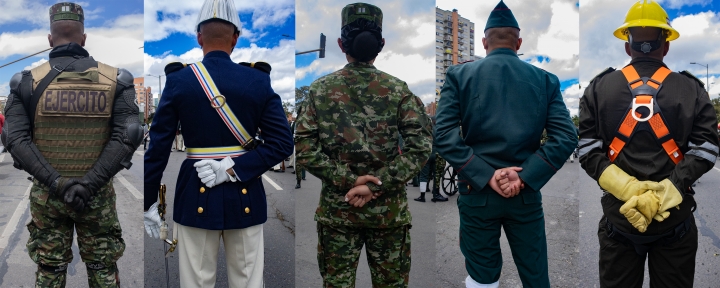 Collage de diferentes sectores de las fuerzas armadas en su desfile el 20 de julio de 2023