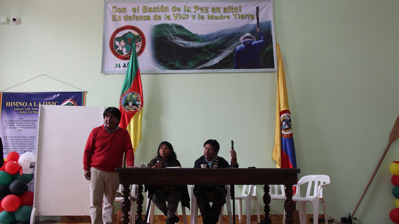 Líderes de cabildos indígenas del Cauca durante la rueda de prensa donde denunciaban actos de violencia en contra de su población||||