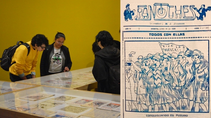 Tipo, lito, calavera. Historia del dise&ntilde;o gr&aacute;fico en Colombia (2022-2023). Personas viendo la vitrina de las revistas humor&iacute;sticas Fantoches (1920)