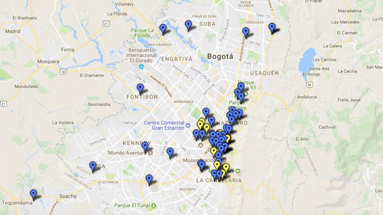 Mapeo de colectivos feministas en Bogotá filtrado por fechas. Crédito: Google Fusion Tables.|||