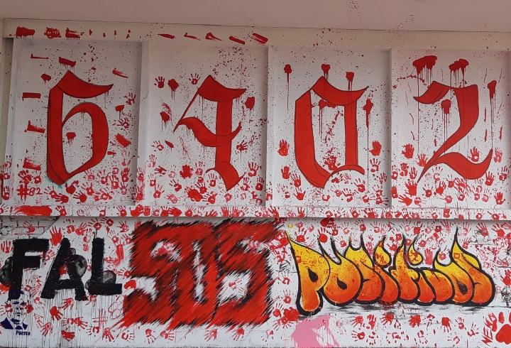 Grafiti de &lsquo;6,402 falsos positivos&rsquo;, se encuentra ubicado al lado derecho del mural &lsquo;C&uacute;cuta informal&rsquo;