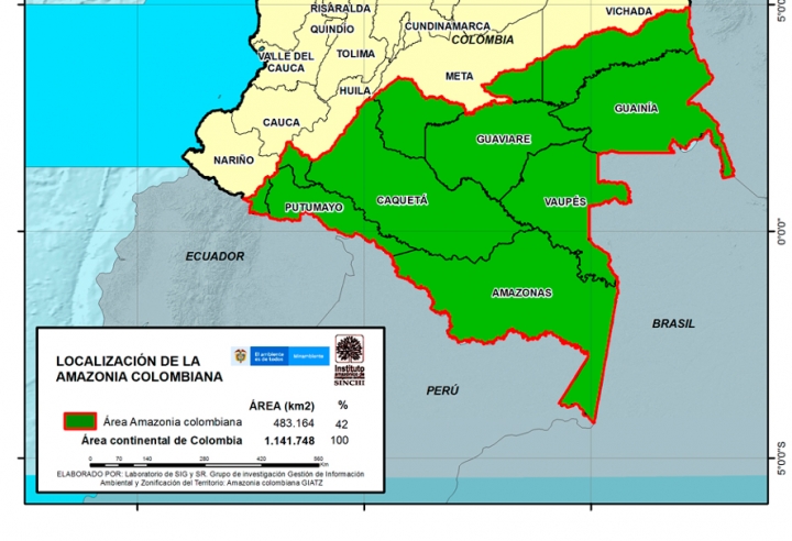 Mapa de la Amazonía colombiana: región geográfica que abarca los departamentos del Amazonas, Caquetá, Putumayo, Guainía, Guaviare y Vaupés; e incluyen parcialmente al Cauca, Meta y Vichada