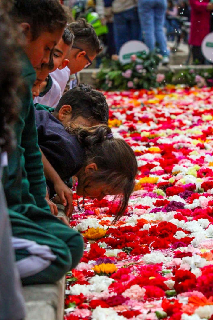 Niña se inclina para poder apreciar las flores de la mejor manera