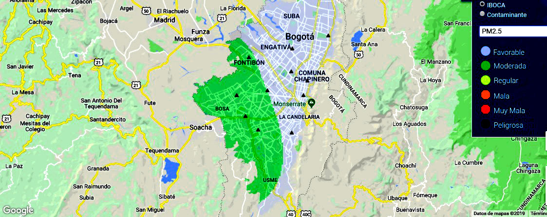 Mapa de calidad de aire de Bogotá. PM2.5