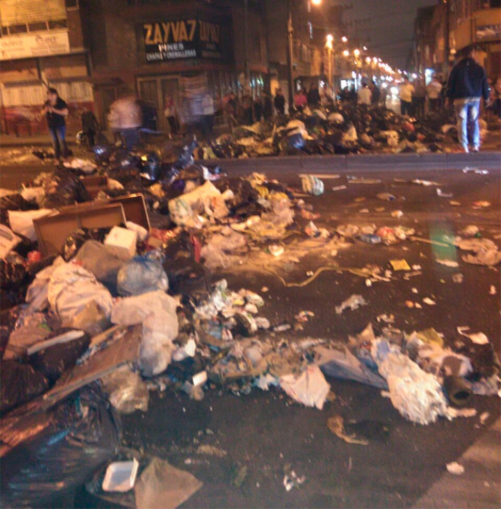 Barreras de basuras como esta se podían encontrar a lo largo de la Avenida. Foto tomada por Daniela Grimaldo.