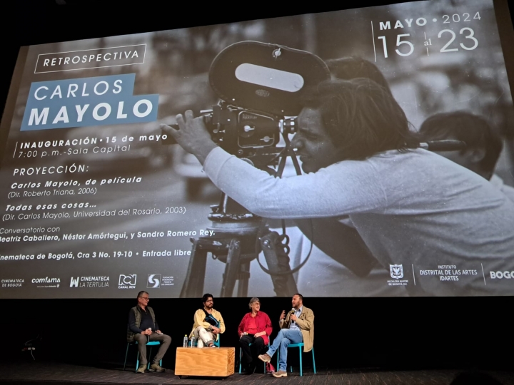 Conversatorio en la inauguraci&oacute;n de "Retrospectiva Carlos Mayolo" en la Cinemateca Distrital. De izquierda a derecha: Rito Alberto Torres, Ivan Reina, Beatriz Caballero y N&eacute;stor Amortegui