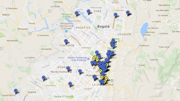 Mapeo de colectivos feministas en Bogotá filtrado por fechas. Crédito: Google Fusion Tables.