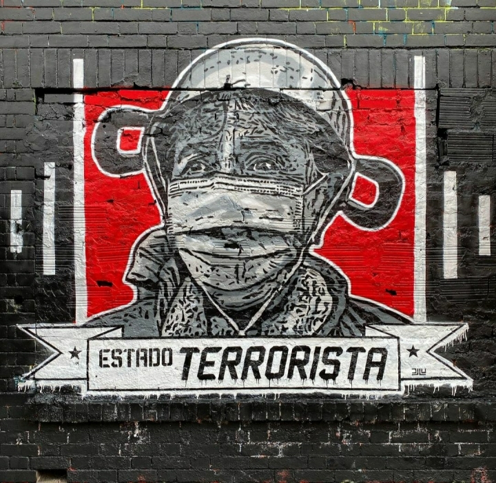 'Estado Terrorista' basado en fotograf&iacute;a tomada por @mauricioalvarado63 durante movilizaciones por paro nacional. Imagen tomada de Instagram
