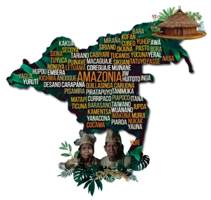 Pueblos Indígenas reconocidos por el estado, en la Amazonía.|Mapa de la Amazonía colombiana: región geográfica que abarca los departamentos del Amazonas, Caquetá, Putumayo, Guainía, Guaviare y Vaupés; e incluyen parcialmente al Cauca, Meta y Vichada|cifras Más actualizadas de COVOD-19 en Población indígena del país.|Panfleto del evento virtual “El grito de la selva: voces de la Amazonía”|||
