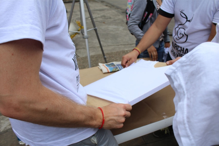 Primero se puso la camiseta en una tabla.