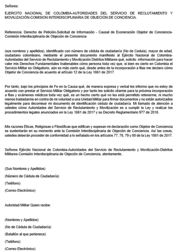 Plantilla del documento de objeción de conciencia, Defina Legal SAS