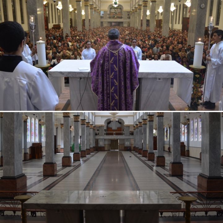 Imagen comparativa del templo de la iglesia del 20 de Julio en los años 2018 y 2020