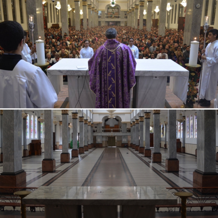 Imagen comparativa del templo de la iglesia del 20 de Julio en los a&ntilde;os 2018 y 2020