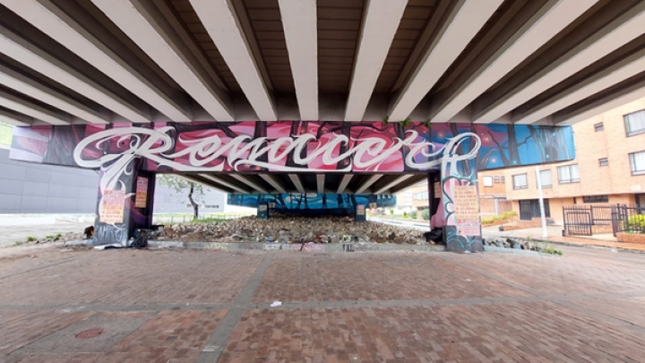 Intervención artística “Renacer” en el puente de la Calle 53 con Carrera 30. Al fondo, entre las piedras incrustadas en el suelo yace basura. Al costado derecho se encuentra el Edificio Bosque 11.