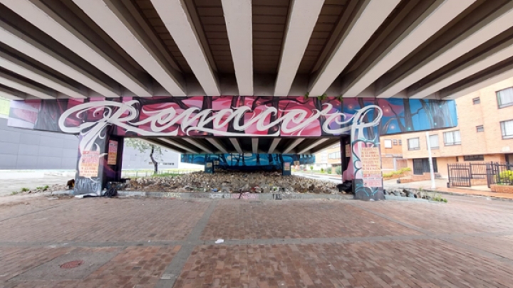 Intervenci&oacute;n art&iacute;stica &ldquo;Renacer&rdquo; en el puente de la Calle 53 con Carrera 30. Al fondo, entre las piedras incrustadas en el suelo yace basura. Al costado derecho se encuentra el Edificio Bosque 11.