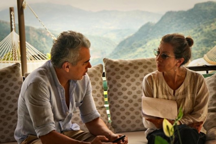 Olga Lucía Rodríguez, junto a Jorge Abello en el set de grabación de Ana de Nadie.